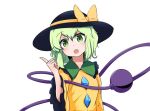  1girl ajia_(otya3039) bow commentary_request dress eyebrows_visible_through_hair gem green_eyes green_hair hand_up hat hat_bow head_tilt index_finger_raised komeiji_koishi long_sleeves looking_at_viewer open_mouth orange_bow purple_headwear round_teeth short_hair simple_background solo teeth third_eye touhou upper_body white_background wide_sleeves yellow_dress 