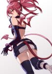  1girl absurdres artist_name ass back bare_shoulders bikini bikini_top black_bikini black_gloves black_legwear blush boots bracelet breasts closed_mouth datyun demon_girl demon_tail demon_wings disgaea earrings elbow_gloves etna feet_out_of_frame from_behind gloves hair_between_eyes highres jewelry knee_boots leg_up long_hair looking_at_viewer looking_back miniskirt no_panties pointy_ears purple_eyes red_hair simple_background skindentation skirt skull_earrings small_breasts smile solo standing standing_on_one_leg swimsuit tail tail_through_clothes thighhighs twintails two-tone_skirt upskirt v-shaped_eyebrows watermark white_background white_footwear wings 