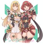  2girls absurdres bangs bare_legs bare_shoulders black_gloves blonde_hair breasts chest_jewel cleavage cleavage_cutout clothing_cutout dress earrings elbow_gloves fingerless_gloves gloves highres jewelry kurokaze_no_sora large_breasts long_hair multiple_girls mythra_(xenoblade) pyra_(xenoblade) red_eyes red_hair red_legwear red_shorts short_dress short_hair short_shorts shorts swept_bangs thigh_strap thighhighs tiara very_long_hair white_dress white_gloves xenoblade_chronicles_(series) xenoblade_chronicles_2 yellow_eyes 