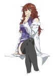  1girl bangs belt black_legwear breasts brown_hair crossed_legs eyebrows_visible_through_hair gundam gundam_00 gundam_00_a_wakening_of_the_trailblazer hand_on_own_face highres invisible_chair jacket looking_at_viewer medium_breasts meena_carmine nanao_parakeet purple_shirt shirt sitting smile solo thighhighs white_background white_belt white_jacket 