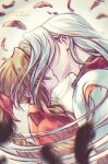  1boy 1girl 2021 aerith_gainsborough bow braid braided_ponytail brown_hair couple dated dutch_angle elena_ivlyushkina feathers final_fantasy final_fantasy_vii floating_hair hair_bow hair_over_eyes highres jacket kiss long_hair ponytail red_bow red_jacket sephiroth silver_hair twitter_username upper_body 