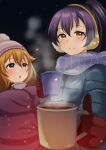  2girls absurdres bangs beanie blue_hair blush camping coat coffee_mug commentary_request cup earmuffs hat highres konoe_kanata long_hair looking_at_viewer love_live! love_live!_nijigasaki_high_school_idol_club mug multiple_girls night orange_hair outdoors pukonuu purple_eyes scarf sleeping_bag smile sonoda_umi swept_bangs wavy_hair yellow_eyes 