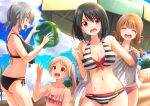  4girls :d :o ass ball beach beach_umbrella beachball bikini black_bikini black_hair blonde_hair blue_sky breasts brown_hair cloud eye_contact facing_viewer frilled_bikini frills gomashio_star grey_hair large_breasts looking_at_another medium_hair multiple_girls navel original outdoors side_ponytail sky smile striped striped_bikini sunlight swimsuit twintails umbrella undressing 