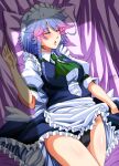 1girl apron arm_up ascot back_bow bangs bed_sheet black_panties blue_vest blush bow closed_mouth collared_shirt commentary_request dated earrings eyebrows_visible_through_hair eyelashes fingernails frilled_apron frills green_ascot green_neckwear green_ribbon hair_ribbon highres izayoi_sakuya jewelry lying maid_apron medium_hair on_back on_bed open_mouth panties pillow puffy_short_sleeves puffy_sleeves ribbon sash shiny shiny_hair shiny_skin shirt short_sleeves sidelocks signature silver_hair sleeping solo tatsuya_(guild_plus) thighs touhou tress_ribbon underwear vest white_apron white_sash white_shirt wing_collar 