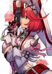  1girl belt blue_eyes breasts clover elphelt_valentine flower four-leaf_clover from_side gloves guilty_gear guilty_gear_xrd gun handgun hungry_clicker large_breasts parted_lips pink_hair pink_ribbon ribbon rose short_hair solo tiara trigger_discipline veil weapon 