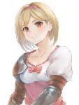  1girl bangs blonde_hair blush breasts brown_eyes cleavage closed_mouth collarbone commentary_request djeeta_(granblue_fantasy) granblue_fantasy hair_intakes hairband highres looking_at_viewer marulire red_hairband shirt short_hair simple_background small_breasts smile solo upper_body white_background white_shirt 