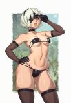  1girl absurdres bikini black_bikini black_legwear breasts commentary covered_nipples elbow_gloves eyepatch eyepatch_bikini eyepatch_lift gloves hairband hand_on_hip highres looking_at_viewer medium_breasts mole mole_under_mouth navel nier_(series) nier_automata o3o parted_lips riz short_hair skindentation solo stomach swimsuit thighhighs thighs toned yorha_no._2_type_b 