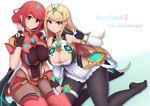  2girls bangs bare_shoulders black_gloves blonde_hair breasts chest_jewel cleavage cleavage_cutout clothing_cutout commentary dress earrings elbow_gloves fingerless_gloves gloves highres jewelry large_breasts long_hair multiple_girls mythra_(xenoblade) ponponmaru pyra_(xenoblade) red_eyes red_hair red_shorts short_dress short_hair short_shorts shorts swept_bangs tiara very_long_hair white_dress white_gloves xenoblade_chronicles_(series) xenoblade_chronicles_2 yellow_eyes 