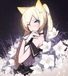 1girl absurdres animal_ears arknights bangs bare_shoulders beudelb black_choker blonde_hair blue_eyes blush cat_ears choker commentary_request dark_background dress eyebrows_visible_through_hair flower from_side gloves hair_ornament hairclip hands_on_own_shoulders heterochromia highres korean_commentary long_hair looking_at_viewer looking_to_the_side nightmare_(arknights) nightmare_(light_and_shadow)_(arknights) off-shoulder_dress off_shoulder red_eyes solo twintails upper_body white_dress white_flower white_gloves x_arms 