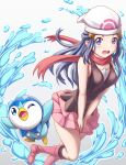  1girl bare_arms beanie blue_eyes blush boots commentary dawn_(pokemon) eyelashes hair_ornament hairclip hat highres kneehighs long_hair looking_at_viewer open_mouth pink_footwear pink_skirt piplup pokemon pokemon_(creature) pokemon_(game) pokemon_dppt red_scarf scarf shirt sidelocks skirt sleeveless sleeveless_shirt tongue tsukimi_seiya water water_drop white_headwear 