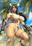  1girl alternate_breast_size artist_name artnip black_eyes black_hair breasts covered_nipples dual_wielding elbow_gloves gloves hat holding large_breasts long_hair navel older outdoors revealing_clothes see-through shiny shiny_hair shiny_skin skindentation solo soulcalibur talim thighs tonfa weapon 