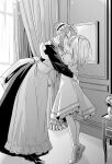  2girls age_difference apron blush child closed_eyes commentary_request curtains eyebrows_visible_through_hair greyscale highres indoors kiss maid maid_apron maid_headdress monochrome multiple_girls original short_hair tiptoes yuri zanka_(the-only-neat) 