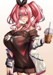  1girl :q absurdres azur_lane bag bangs bare_shoulders between_breasts black_choker black_ribbon black_sweater blush bra_strap breasts bremerton_(azur_lane) bremerton_(day-off_date)_(azur_lane) bubble_tea choker cleavage collarbone commentary_request cowboy_shot cup disposable_cup dress drinking_straw ear_piercing eyebrows_behind_hair garter_straps grey_hair hair_between_eyes hair_ornament hair_ribbon highres holding holding_bag holding_cup huge_breasts jacket long_hair looking_at_viewer mole mole_on_breast mole_under_eye multicolored_hair off-shoulder_dress off_shoulder official_alternate_costume open_clothes open_jacket piercing pink_eyes pink_hair ribbon sidelocks simple_background smile solo standing star_(symbol) star_print strap_between_breasts streaked_hair sweater sweater_dress tongue tongue_out twintails two-tone_hair ura_tomoya white_background white_jacket 