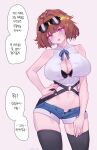  1girl bare_arms black_legwear blush breasts brown_hair cleavage cowboy_shot denim denim_shorts eonsang eyewear_on_head girls&#039;_frontline grizzly_mkv_(girls&#039;_frontline) hand_on_hip highres korean_commentary korean_text large_breasts looking_at_viewer navel open_mouth purple_eyes shirt short_hair short_shorts shorts solo speech_bubble sunglasses thighhighs translation_request white_shirt 