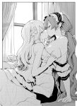  2girls blush breasts closed_eyes clothes_pull couch curtains eyebrows_visible_through_hair greyscale hand_on_another&#039;s_neck highres indoors kiss maid maid_headdress monochrome multiple_girls on_couch original sitting sweat window yuri zanka_(the-only-neat) 