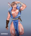  1boy abs artist_name bandaged_arm bandages bara bare_pectorals belt blue_eyes brown_belt brown_gloves brown_hair castlevania fingerless_gloves gloves headband highres large_pectorals looking_at_viewer male_focus muscular muscular_male nipples otokobara parted_lips patreon_username pectorals pelvic_curtain richter_belmont short_hair simple_background single_glove sleeveless solo thick_thighs thighs torn_clothes 