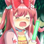  1girl agnes_digital_(umamusume) animal_ears bangs blurry blurry_background blush bow choker closed_eyes collarbone commentary_request crying glowstick hair_bow highres holding_glowstick horse_ears jacket long_hair meme na!_(na&#039;mr) oota_kuniyoshi_face_(meme) open_mouth pink_hair pink_jacket red_bow shirt solo two_side_up umamusume upper_body v-shaped_eyebrows wavy_mouth yellow_shirt 