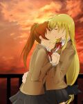  2girls blonde_hair blush closed_eyes cloud cloudy_sky couple fate_testarossa holding_hands interlocked_fingers kiss long_hair lyrical_nanoha mahou_shoujo_lyrical_nanoha mahou_shoujo_lyrical_nanoha_a&#039;s multiple_girls orange_hair school_uniform side_ponytail sky sunset takamachi_nanoha uniform user_gtme3752 very_long_hair yuri 