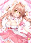  1girl :d animal_ear_fluff animal_ears azur_lane balloon bangs bare_shoulders bell blush bow breasts brown_eyes brown_hair cat_ears cleavage commentary_request detached_sleeves eyebrows_visible_through_hair frilled_skirt frills hair_between_eyes hair_rings highres jingle_bell looking_at_viewer medium_breasts michishio_(azur_lane) michishio_(fluttering_fanfare)_(azur_lane) official_alternate_costume petals pink_skirt pink_sleeves pleated_skirt puffy_short_sleeves puffy_sleeves red_bow shikito shirt short_sleeves skirt sleeveless sleeveless_shirt smile solo tiara twintails white_shirt 