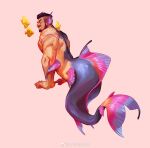  1boy absurdres ass bara beard black_hair blush bodypaint completely_nude facial_hair fins fish from_side full_body head_fins highres large_pectorals looking_at_viewer male_focus mature_male merman monster_boy multicolored_hair muscular muscular_male mustache nude original pectorals pink_background purple_hair seductive_smile short_hair smile solo streaked_hair undercut xiaolumiaoliya 