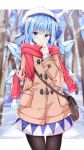  1girl :o \||/ bag bangs bare_tree black_legwear blue_bow blue_dress blue_eyes blue_hair blue_ribbon blurry blurry_background blush bow branch breath brown_bag brown_coat cirno coat commentary_request day dot_nose dress duffel_coat eyebrows_visible_through_hair eyelashes fingernails hat hat_bow highres ice ice_wings kuraaken long_sleeves open_mouth outdoors pantyhose pocket red_scarf ribbon scarf shiny shiny_hair short_hair shoulder_bag snow snowing solo standing touhou tree white_headwear wings winter 