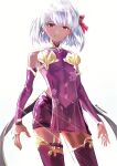  1girl bangs breasts cleavage eyebrows_behind_hair eyebrows_visible_through_hair fate/grand_order fate_(series) jewelry kama_(fate) looking_at_viewer purple_eyes purple_legwear ring short_hair silver_hair simple_background smile solo thighhighs uenoryoma veil white_background white_hair 