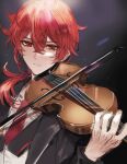  1boy bangs black_background black_coat bow_(music) closed_mouth coat diluc_(genshin_impact) expressionless fractalmagnolia genshin_impact holding holding_instrument instrument long_hair looking_at_viewer low_ponytail male_focus music necktie playing_instrument red_eyes red_hair red_necktie shirt sidelocks solo upper_body violin white_shirt 