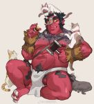  1boy abs animal_on_head animal_on_shoulder bara belly black_hair bulge cat cat_on_head cat_on_shoulder colored_sclera colored_skin crossed_legs excessive_pubic_hair fang fat fat_man full_body grey_skin hammer highres holding holding_hammer horns large_pectorals long_sideburns male_focus male_pubic_hair mature_male monster_boy multicolored_skin muscular muscular_male navel navel_hair nipples on_head oni oni_horns original pectorals pointy_ears pubic_hair red_oni red_skin short_hair sideburns sitting smile solo stomach testicle_peek thick_eyebrows thick_thighs thighs tied_hair topless_male two-tone_skin xiaolumiaoliya yellow_sclera 