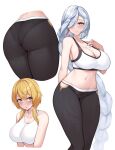  2girls alternate_costume arm_behind_back ass blue_eyes breasts cleavage commentary cowboy_shot curvy genshin_impact hair_over_one_eye hand_on_own_chest highres kuavera large_breasts long_hair lumine_(genshin_impact) medium_hair mixed-language_commentary multiple_girls multiple_views navel pants pantylines shenhe_(genshin_impact) silver_hair tank_top thighs white_tank_top yoga_pants 