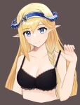  1girl arknights bangs bare_arms bare_shoulders black_bra blonde_hair blue_eyes blue_hairband bra braid breasts cleavage collarbone commentary cropped_torso eyebrows_visible_through_hair grey_background hairband hand_up highres horns ka_maru long_hair looking_at_viewer medium_breasts pointy_ears saileach_(arknights) simple_background single_braid smile solo underwear underwear_only upper_body 