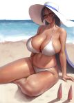  1girl bangs bare_shoulders beach bikini breasts cleavage collarbone curvy eu03 fate/grand_order fate_(series) hat huge_breasts long_hair looking_at_viewer minamoto_no_raikou_(fate) navel ocean open_mouth parted_bangs purple_eyes purple_hair shore solo sun_hat sunglasses swimsuit thighs very_long_hair white_bikini white_headwear 