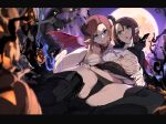  2girls ascot bandaged_leg bandages bare_shoulders barefoot bat black_cape black_legwear black_panties black_ribbon black_skirt blue_eyes blurry blurry_foreground boots breast_grab breasts brown_hair cape castle chain closed_mouth clothes_lift commentary_request corset cross depth_of_field earrings fang feet full_moon glasses grabbing grabbing_from_behind green_eyes halloween highres horns jewelry large_breasts licking_lips lifted_by_self looking_at_viewer medium_breasts mole mole_under_mouth moon multiple_girls nagioka night open_mouth original outdoors panties pointy_ears pumpkin ribbed_sweater ribbon rimless_eyewear sarashi skirt skirt_lift spread_legs sweater thigh_boots thighhighs tongue tongue_out torn_cape torn_clothes torn_skirt torn_sweater turtleneck turtleneck_sweater underwear white_ascot white_sweater wings 
