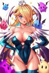  1girl aqua_eyes aqua_hair aqua_leotard artist_name ass_visible_through_thighs bare_shoulders blonde_hair blurry blurry_foreground breasts cleavage cosplay covered_navel cowboy_shot crown demon_girl demon_wings earrings elbow_gloves enmanuelart20 gloves hair_over_one_eye head_wings highleg highleg_leotard highres jewelry large_breasts leotard lips lipstick long_hair luma_(mario) makeup mario_(series) mini_crown mole mole_on_thigh morrigan_aensland morrigan_aensland_(cosplay) multicolored_hair rainbow_gradient revealing_clothes rosalina shiny shiny_skin simple_background solo sparkle star_(symbol) super_mario_galaxy thigh_gap thighhighs two-tone_hair vampire_(game) white_background wings 