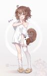  1girl :o animal_ears brown_footwear dog_ears dog_girl dog_slippers emi_(vtuber) english_commentary flower grey_background head_tilt highres indie_virtual_youtuber instagram_logo no_pants off_shoulder one_eye_closed open_mouth pink_eyes quiss shirt single_thighhigh solo thighhighs virtual_youtuber watermark web_address white_legwear white_shirt yawning 