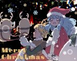  2girls bangs black_background blonde_hair blue_hair blush boots brown_gloves dress english_text eyebrows_visible_through_hair glitch gloves haniwa_(statue) haniyasushin_keiki hat horns joutouguu_mayumi long_hair long_sleeves looking_at_viewer looking_to_the_side merry_christmas multiple_girls one-hour_drawing_challenge open_mouth pom_pom_(clothes) puffy_long_sleeves puffy_sleeves purple_eyes red_dress red_headwear sakurasaka shadow shirt short_hair sitting snowflakes touhou white_shirt yellow_eyes 