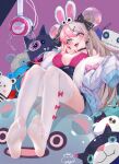  1girl absurdres animal_ears bare_shoulders breasts eyebrows_visible_through_hair feet full_body fur_collar fur_trim grey_hair highres jiujiuyatou_(yayanzz) long_hair looking_at_viewer open_mouth original pink_hair skirt socks soles solo thighhighs toes tongue tongue_out white_legwear 