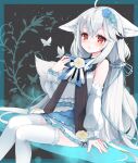  1girl ahoge animal_ear_fluff animal_ears commentary_request commission ears_down fox_ears fox_girl fox_tail highres karaage3 large_ears long_hair original red_eyes sakurada_shiro skeb_commission solo tail tied_hair very_long_hair white_hair 