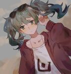  1girl closed_mouth collarbone commentary dutch_angle earrings eyewear_on_head green_eyes green_hair hand_up hatsune_miku highres jacket jewelry lobelia_(saclia) long_hair long_sleeves looking_at_viewer red_jacket shirt solo suna_no_wakusei_(vocaloid) sunglasses twintails upper_body vocaloid white_shirt 