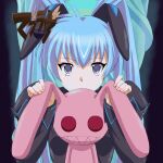  1girl black_jacket blue_eyes blue_hair copyright_name covered_mouth eyebrows_visible_through_hair highres holding holding_stuffed_toy jacket juliet_sleeves logo long_sleeves looking_at_viewer military military_uniform muvluv muvluv_alternative nobuko_gou pink_nails portrait puffy_sleeves solo stuffed_toy twintails uniform yashiro_kasumi 