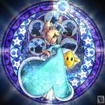  1girl amyroser black_eyes blonde_hair blue_dress blue_eyes crown dive_to_the_heart dress earrings english_commentary floating_hair hair_over_one_eye highres holding holding_wand hungry_luma_(super_mario_galaxy) jewelry kingdom_hearts looking_down lubba luma_(mario) mario mario_(series) medium_hair open_hand parody princess_peach rosalina silhouette solo_focus stained_glass starman_(mario) super_mario_galaxy super_mario_galaxy_2 super_mushroom super_smash_bros. v-shaped_eyebrows wand watermark 