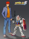 1boy amuro_ray artist_name blue_jacket clenched_hand denim english_commentary glowing glowing_eyes grey_background gun gundam hand_in_pocket highres holding holding_gun holding_shield holding_weapon jacket jeans kryuchekov looking_at_viewer male_focus mecha medarot mobile_suit_gundam orange_sweater pants red_eyes redesign robot rx-78-2 shield sweater v-fin v-shaped_eyebrows watermark weapon yellow_eyes 