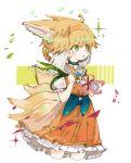  1girl ahoge animal_ears arknights blonde_hair braid commentary cropped_legs dress flower fox_ears fox_girl fox_tail frilled_dress frills green_eyes hair_rings hairband hands_up highres holding kitsune lily_of_the_valley looking_away multicolored_hair orange_dress orange_hairband parted_lips puffy_short_sleeves puffy_sleeves ryu_(17569823) short_sleeves sleeveless sleeveless_dress solo suzuran_(arknights) symbol-only_commentary tail two-tone_hair white_background white_flower white_hair 