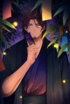  1boy bangs belmond_banderas brown_eyes brown_hair choco_(chocovix112) closed_mouth collarbone commentary_request facial_hair hand_up highres holding japanese_clothes kimono looking_at_viewer male_focus mature_male night night_sky nijisanji obi open_clothes parted_bangs purple_kimono sash sky smile solo star_(sky) starry_sky stubble tanabata tanzaku thick_eyebrows upper_body virtual_youtuber 
