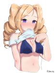  1girl absurdres artist_name blonde_hair blue_eyes blue_swimsuit blush breasts cleavage clothes_lift drill_hair eyebrows_visible_through_hair hand_on_own_chest heart heart-shaped_pupils highres honolulu_(kancolle) kantai_collection large_breasts lifted_by_self long_hair looking_at_viewer navel rikka006 shirt shirt_lift short_sleeves swimsuit swimsuit_under_clothes symbol-shaped_pupils twin_drills upper_body white_background 