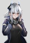  1girl arknights blacksteel_worldwide_(arknights) blush breasts dragon_girl dragon_horns eyebrows_visible_through_hair glasses grey_hair highres horns jacket krirk large_breasts liskarm_(arknights) long_sleeves looking_at_viewer open_mouth ponytail self_upload silver_hair 