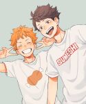  2boys :p brown_eyes brown_hair closed_eyes commentary_request double_v food_print grin haikyuu!! hinata_shouyou laugh_111 male_focus multiple_boys oikawa_tooru_(haikyuu!!) orange_hair shirt short_hair short_sleeves simple_background smile tongue tongue_out v white_shirt 