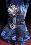  1boy artist_name bangs black_footwear black_jacket black_pants boku_no_hero_academia boots burn_scar chair crown dabi_(boku_no_hero_academia) fingers_together grey_shirt jacket kadeart knee_boots knee_up male_focus open_mouth pants scar shirt short_sleeves sitting smile solo spiked_hair spoilers stitches teeth 