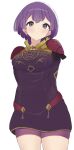  1girl absurdres arms_behind_back bernadetta_von_varley blush breasts commentary dress earrings fire_emblem fire_emblem:_three_houses grey_eyes highres jewelry kocha_(jgug7553) medium_breasts medium_hair parted_lips purple_dress purple_hair purple_shorts shorts shorts_under_dress simple_background solo white_background 