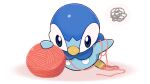  blue_eyes cheek_squash commentary_request holding looking_down no_humans official_art piplup pokemon pokemon_(creature) project_pochama solo squiggle string toes white_background yarn yarn_ball 