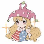  +_+ 1girl american_flag_shirt bangs black_eyes blonde_hair blue_shirt blue_sleeves blush breasts closed_mouth clownpiece eyebrows_visible_through_hair hand_up hat jester_cap long_hair looking_at_viewer medium_breasts multicolored_clothes multicolored_shirt neck_ruff pink_eyes pink_headwear polka_dot rbfnrbf_(mandarin) red_shirt red_sleeves shirt short_sleeves simple_background smile solo star_(symbol) star_print striped striped_shirt touhou upper_body v wavy_hair white_background white_shirt white_sleeves 